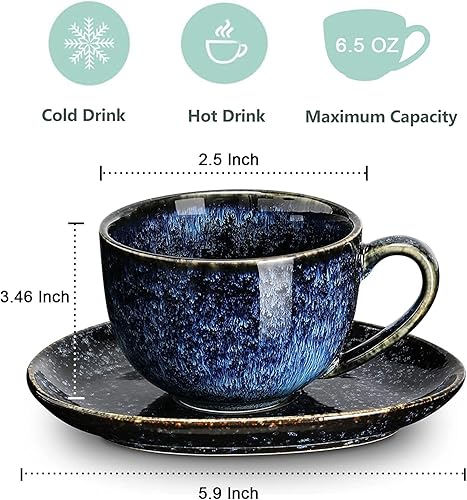 Miniatura 2 de vicrays Juego de 10 tazas de café de cerámica de 12 onzas y tazas de capuchino de 6.5 onzas con platillo, tazas y tazas esmaltadas únicas con asa