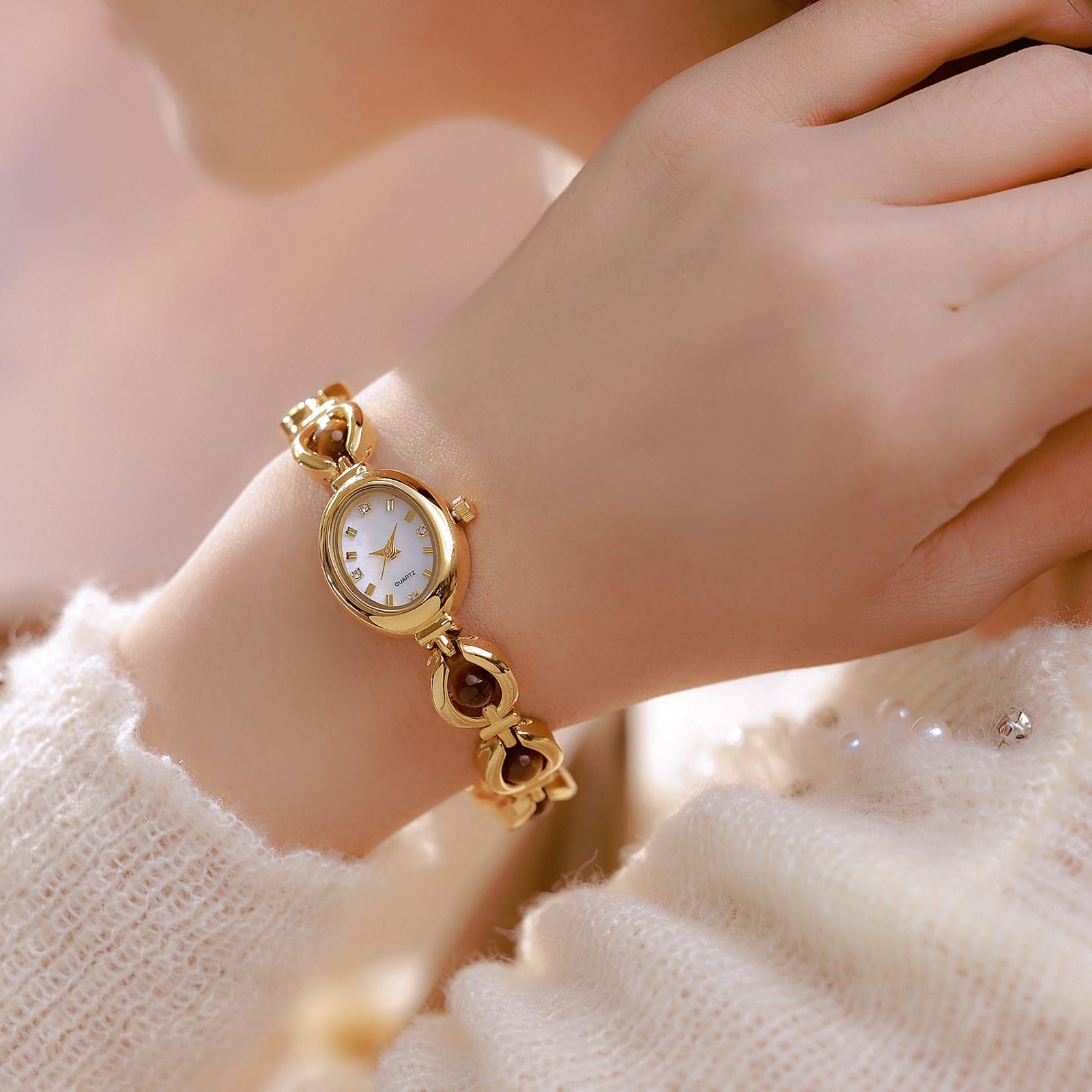 Montre élégante for Femme, Cadran Ovale en Pierre Naturelle œil de Tigre, Bracelet étanche Vintage, Cadeau Tendance for Femme(Gold Plate)