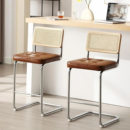 Zesthouse Natural Rattan Bar Stools Set of 2, Modern Counter Height Stools with Solid Wood Back, 26'' Counter Height Chairs, Mid Century Cantilevered Bar Chairs for Kitchen Island, Faux Leather Brown - Brown Faux Leather - 26'' Height
