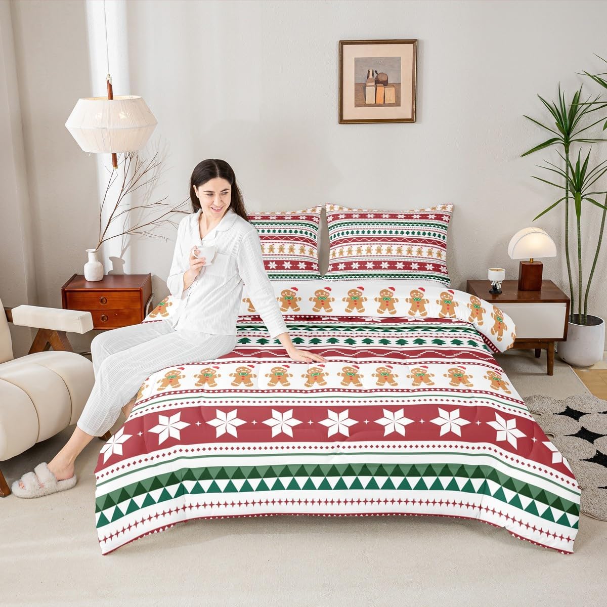 Feelyou Merry Christmas Bedding Set Soft for Boys Girls, Gingerbread Man Comforter Set Queen Size Duvet Quilt Microfiber Striped Bedroom Decor 3 Pcs with 2 Pillow Cases