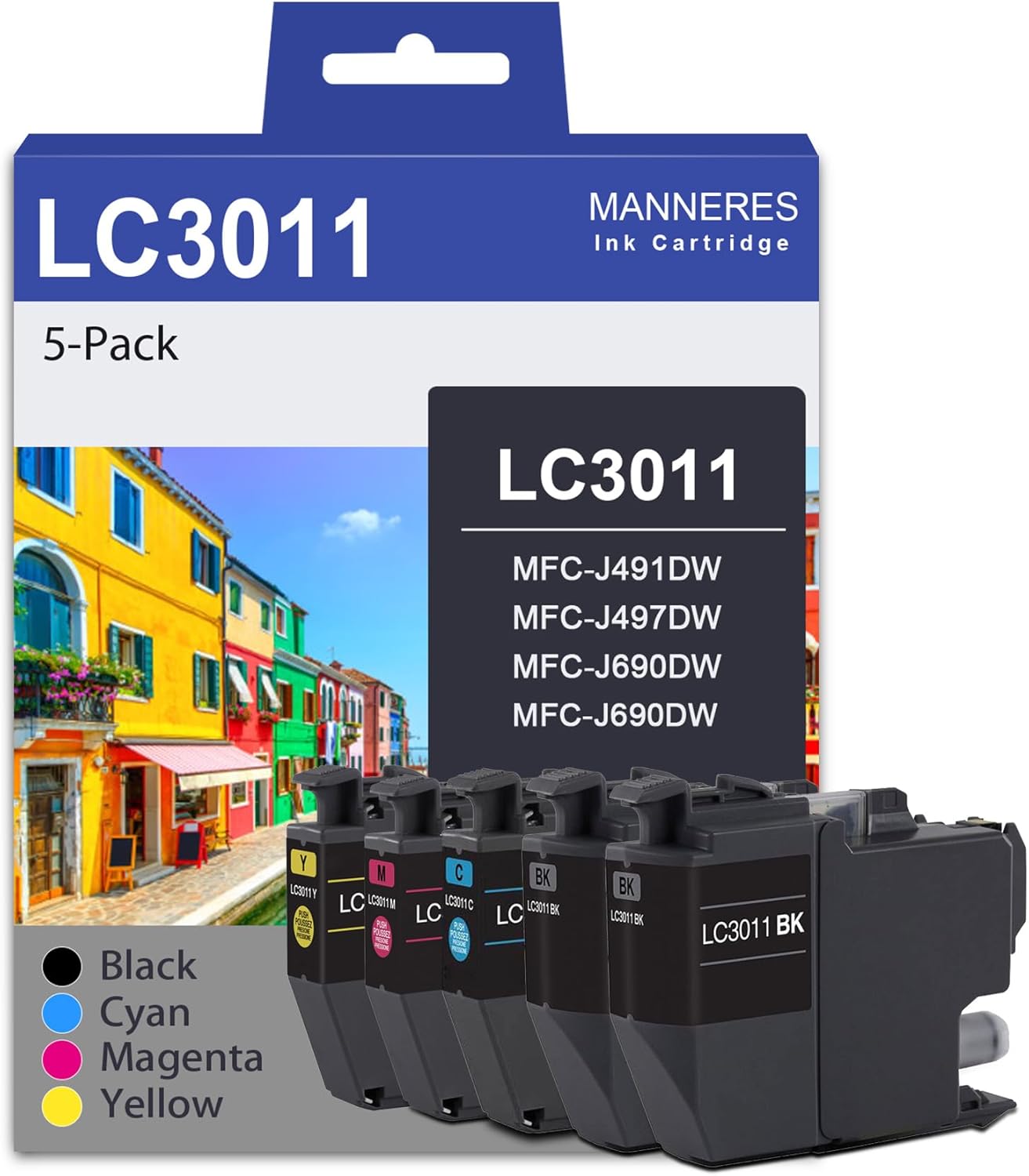LC3011 Ink Cartridges (2BK/1C/1M/1Y, 5-Pack) Replacement for Brother LC3011 LC3011BK LC3011C LC3011M LC3011Y Ink Cartridges Work with MFC-J497DW MFC-J491DW MFC-J895DW MFC-J690DW Printer