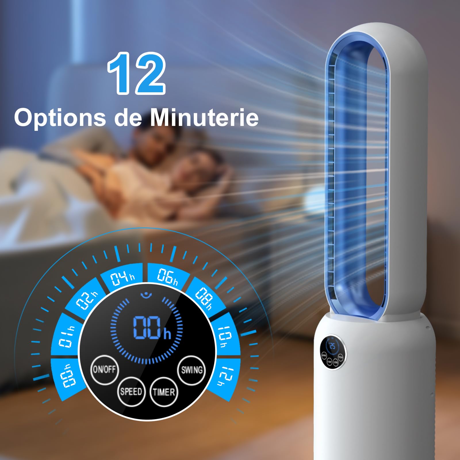 Ventilateur Colonne Silencieux, 90° Oscillation&24 Vitesses pour Ventilateur Sans Pale, Ventilateur Tour avec 12H Minuteries, Ventilateur Sans Lame avec Télécommande et Ecran Tactile (Bleu)