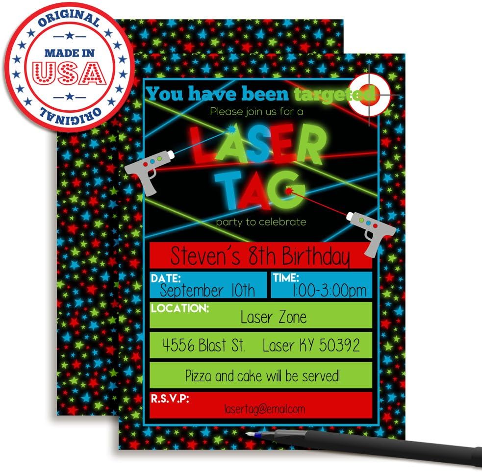 Laser Tag Birthday Party Invitations for Boys, 20 5x7 Fill In Cards with Twenty White Envelopes by AmandaCreation