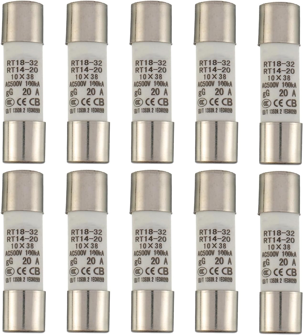 20A 500V Ceramic Tube Fuse RT18-32 10x38 mm Cylindrical High Voltage Fuses (Pack of 10)