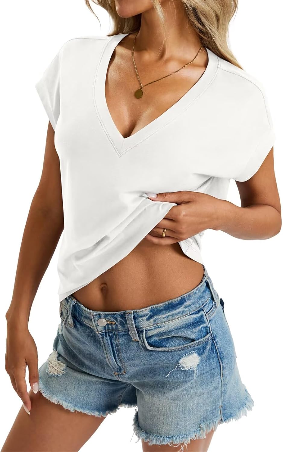 Womens Cap Sleeve Crop Tops Cotton V Neck T Shirt Boxy Loose Fit Short Sleeves Tee Summer Fashion Clothes 2026 - Image 3