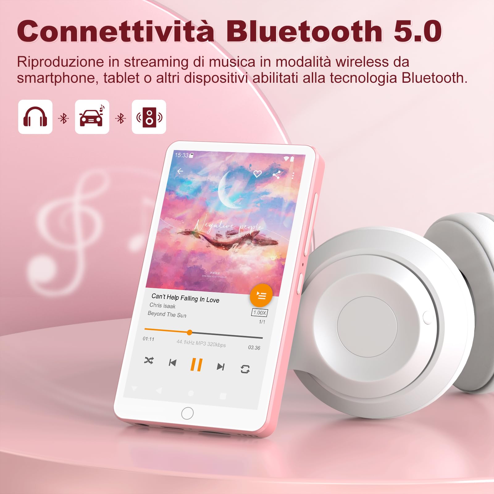 Lettori MP3 144GB con Bluetooth WiFi, lettori MP4 da 2000mAh con schermo touchscreen da 4” e altoparlante, lettori musicali MP3 con sistema operativo Android 13, Spotify, Audible, Play Store (Pink)