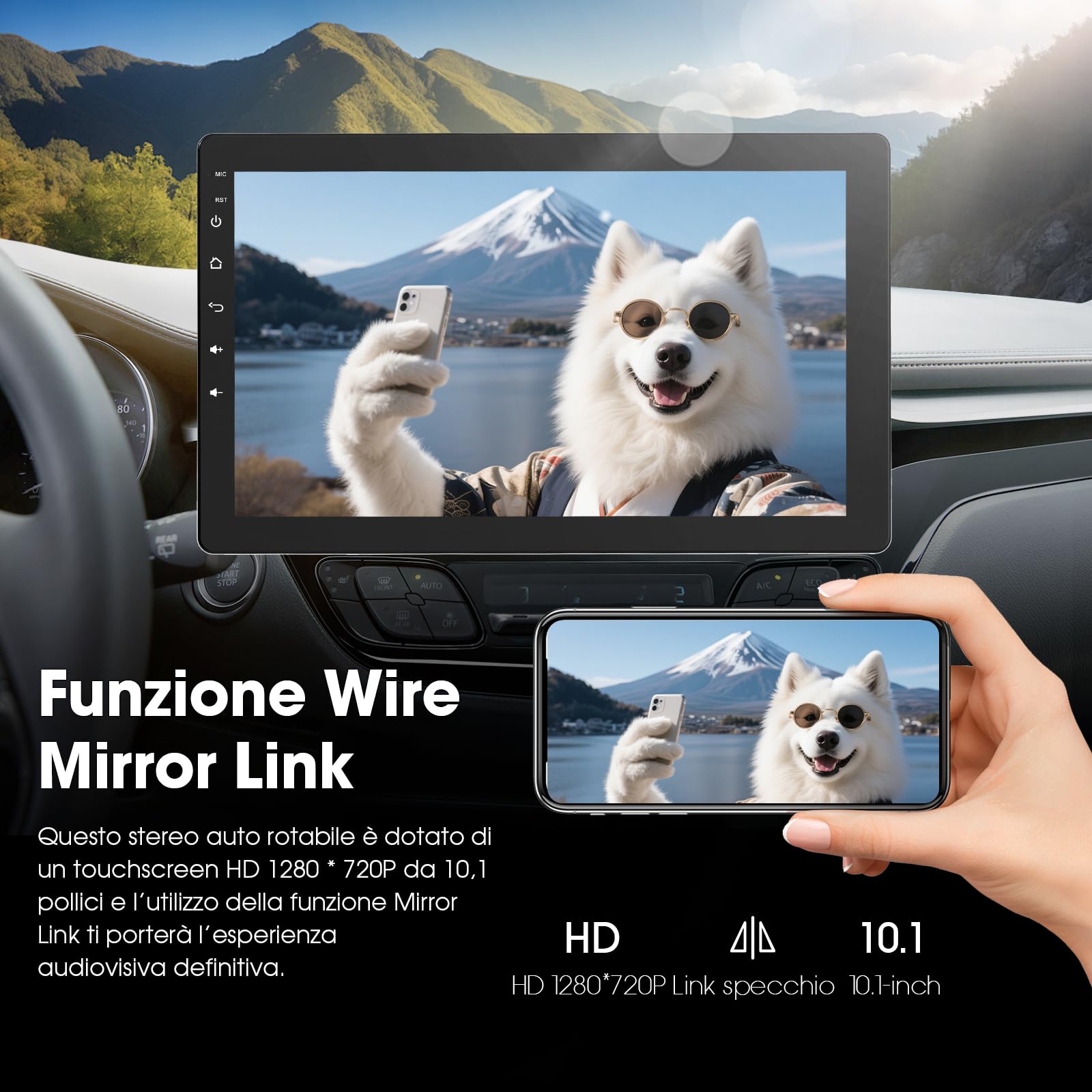 Haudio Autoradio Girevole a 360°, Stereo Bluetooth 1 DIN Carplay Wireless e Android Auto, Touchscreen IPS 10.1 Pollici Car Play con Mirror Link,Controllo vocale,RDS/FM/AM,Fotocamera Posteriore 720P
