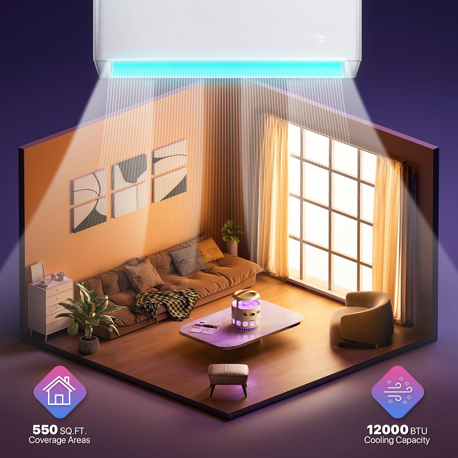 Mini split AC system cooling a living room