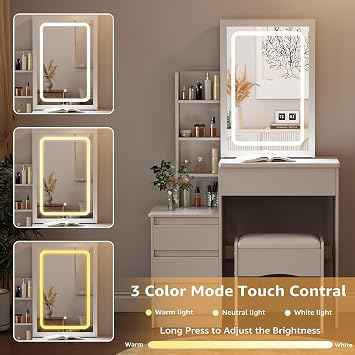 Dressing Table with LED Lighting Mirror, 3 Lighting Modes Adjustable Brightness,Vanity Table,Makeup Desk with 4 Drawers and 3 Storage Shelves, Modern White (A3)