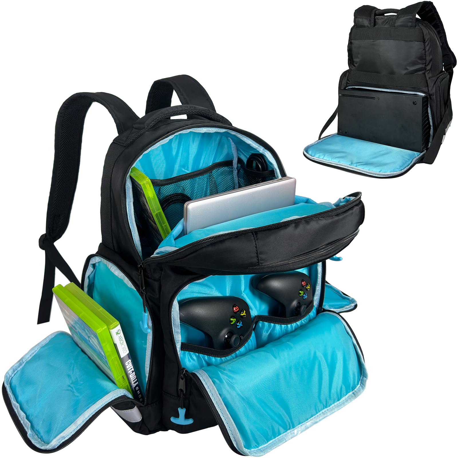 Game Console Backpack Compatible with Xbox Series X, Console Carrying Case with 2 Inner Spaces, Multiple Pockets Travel Bag for Xbox Controllers, 15.6" Laptop and Other Gaming Accessories