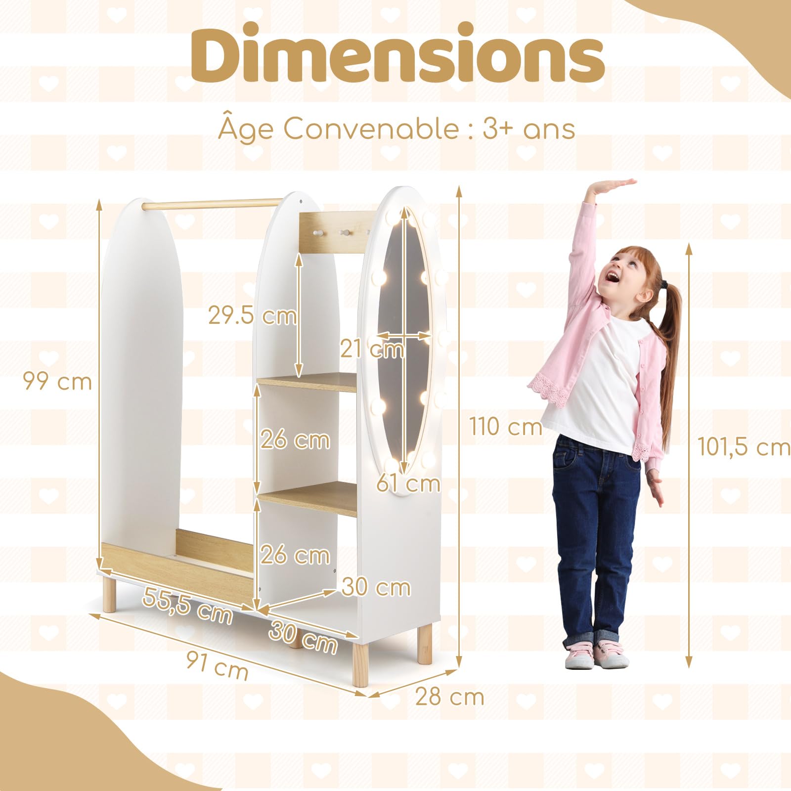 COSTWAY Penderie Enfant avec Miroir en Acrylique et 10 Ampoules LED, Portant à Vêtements Enfant en Bois Massif avec 3 Étagères et 3 Crochets et Tringle, Armoire Montessori, 91x28x110 cm