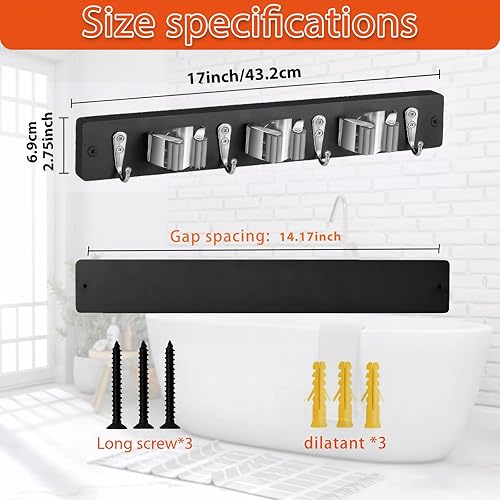 Miniatura 5 de Organizador de escoba y trapeador para colgar en la pared, organizador de escoba de madera negra maciza, soporte de pared para herramientas