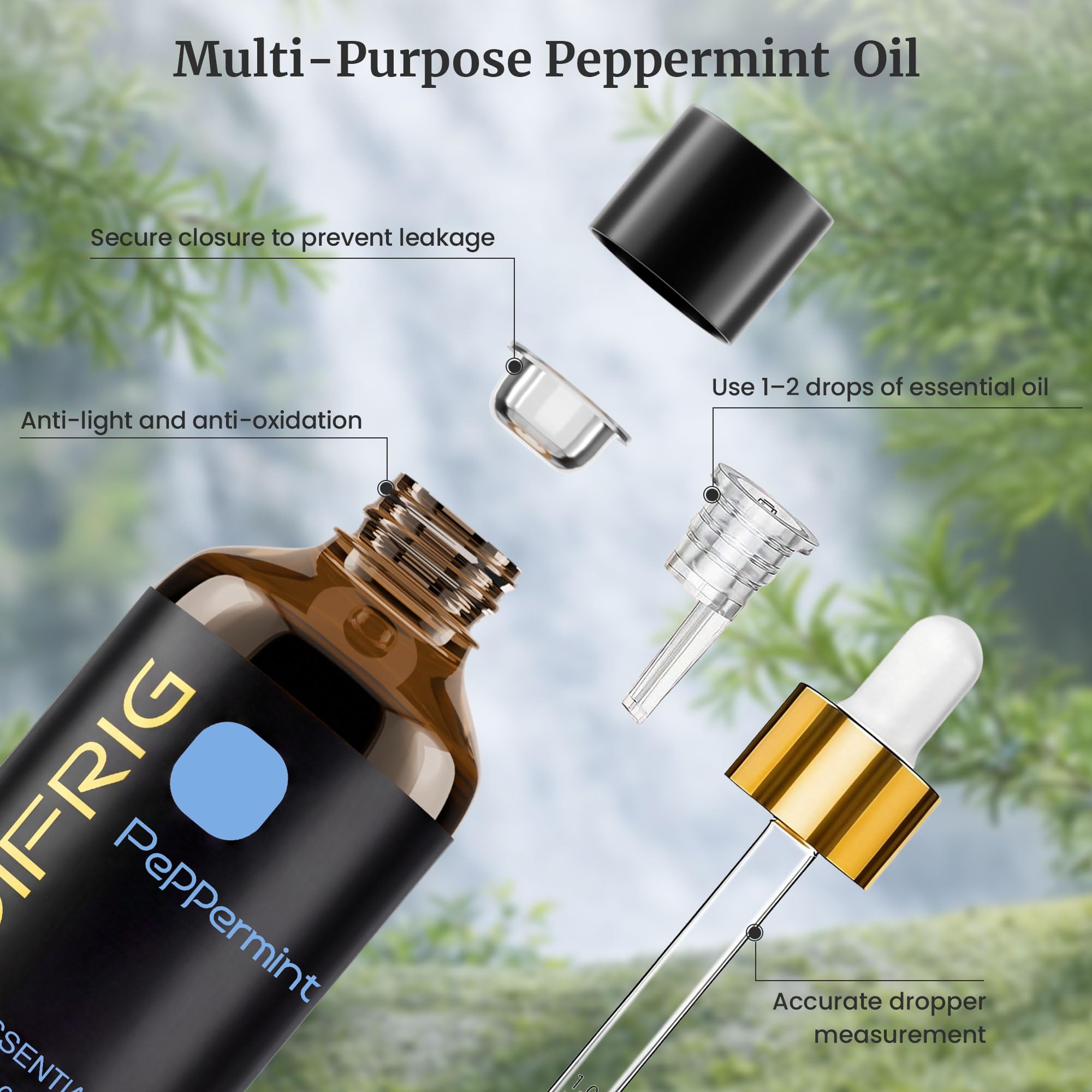 Olio Essenziale di Menta Piperita, 100 ml con Contagocce, Olio essenziale Naturale di Menta Piperita, Adatto per la cura di unghie, DIY, SPA, Aromaterapia