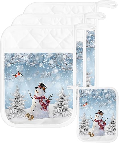 Winter Snowman 3Pcs Pot Holders for Kitchen,Non Slip & Heat Insulation Terry Cloth Potholder Set with Pocket,Thick Hot Pad Oven Mitts Trivet Coaster