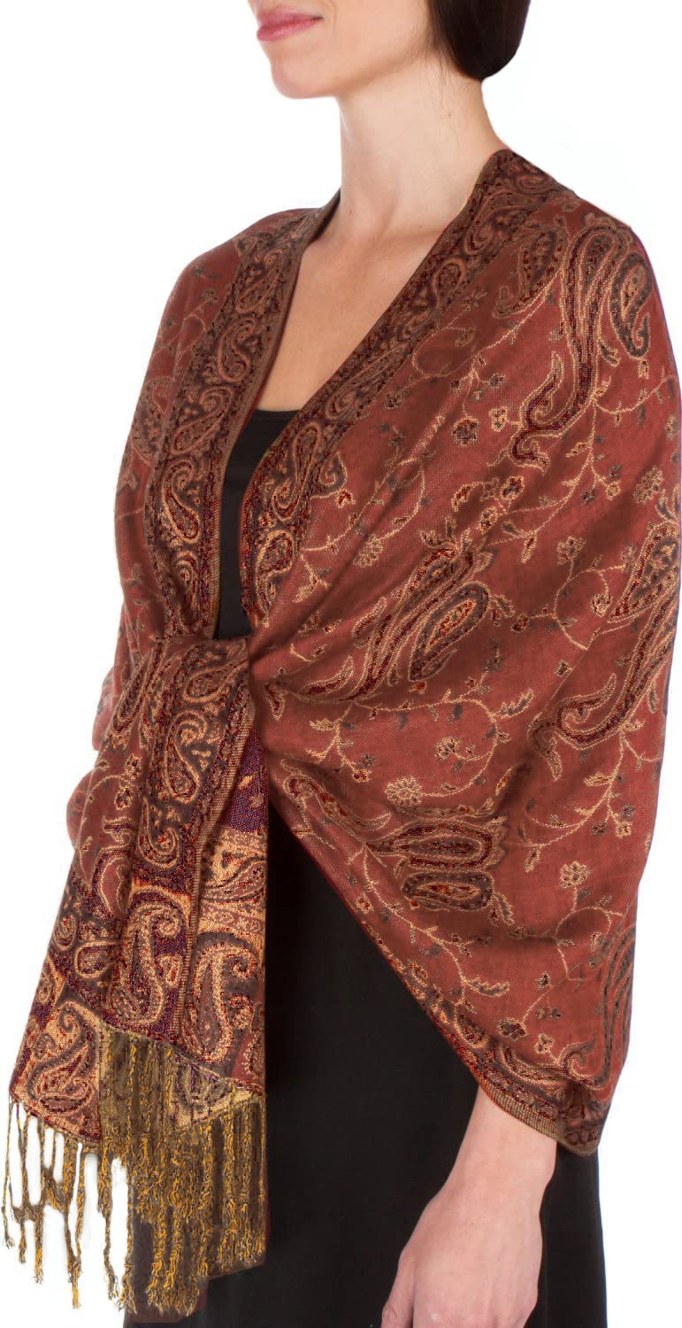 Sakkas Women's Tangerine 70Inch X 28Inch Double Layer Jacquard Paisley Viscose Pashmina Shawl/Wrap / Stole - (Size: One Size)
