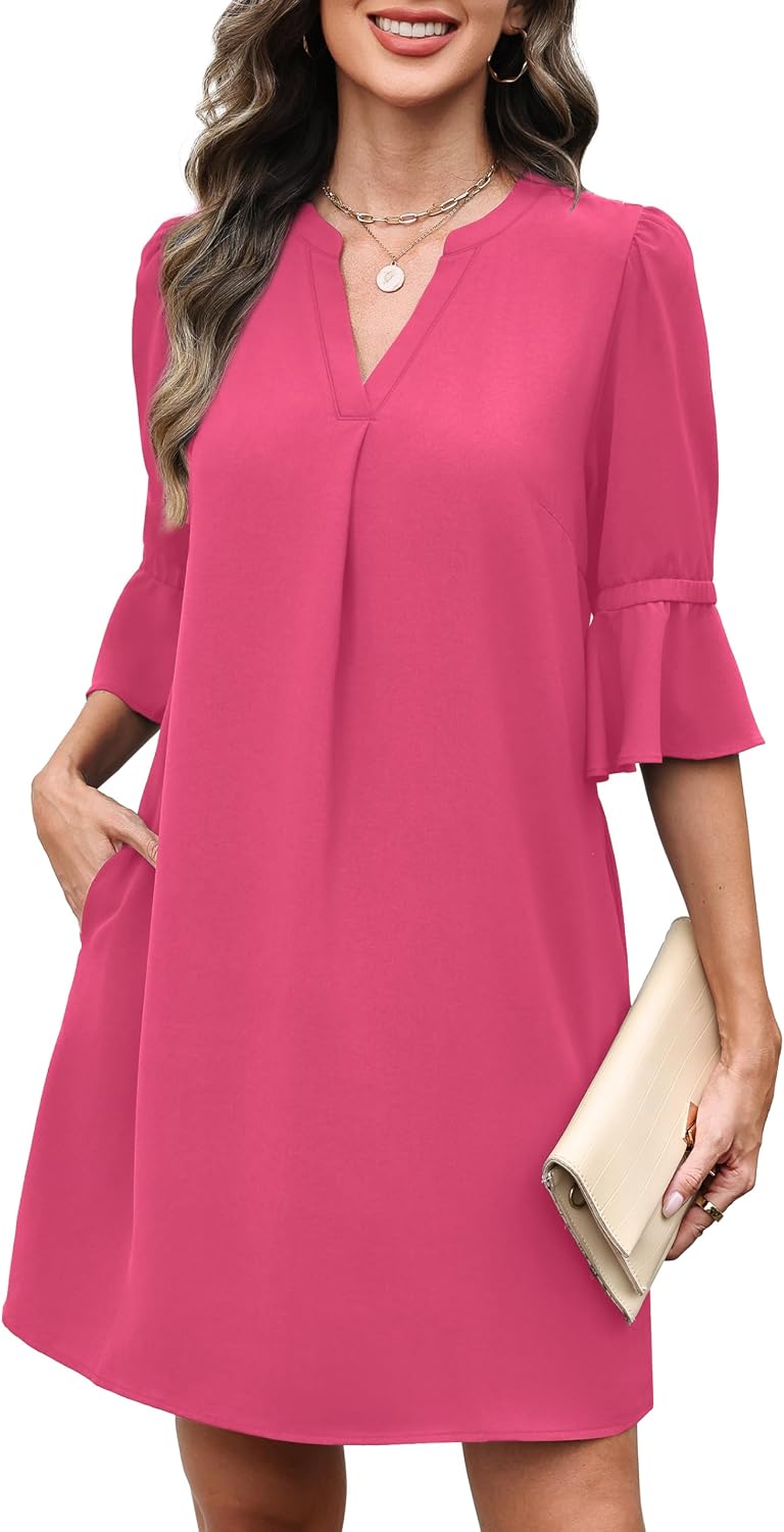 RUMIA Shift Dress for Women V Neck Ruffle Sleeve Loose Summer Office Work Casual Dress image 2