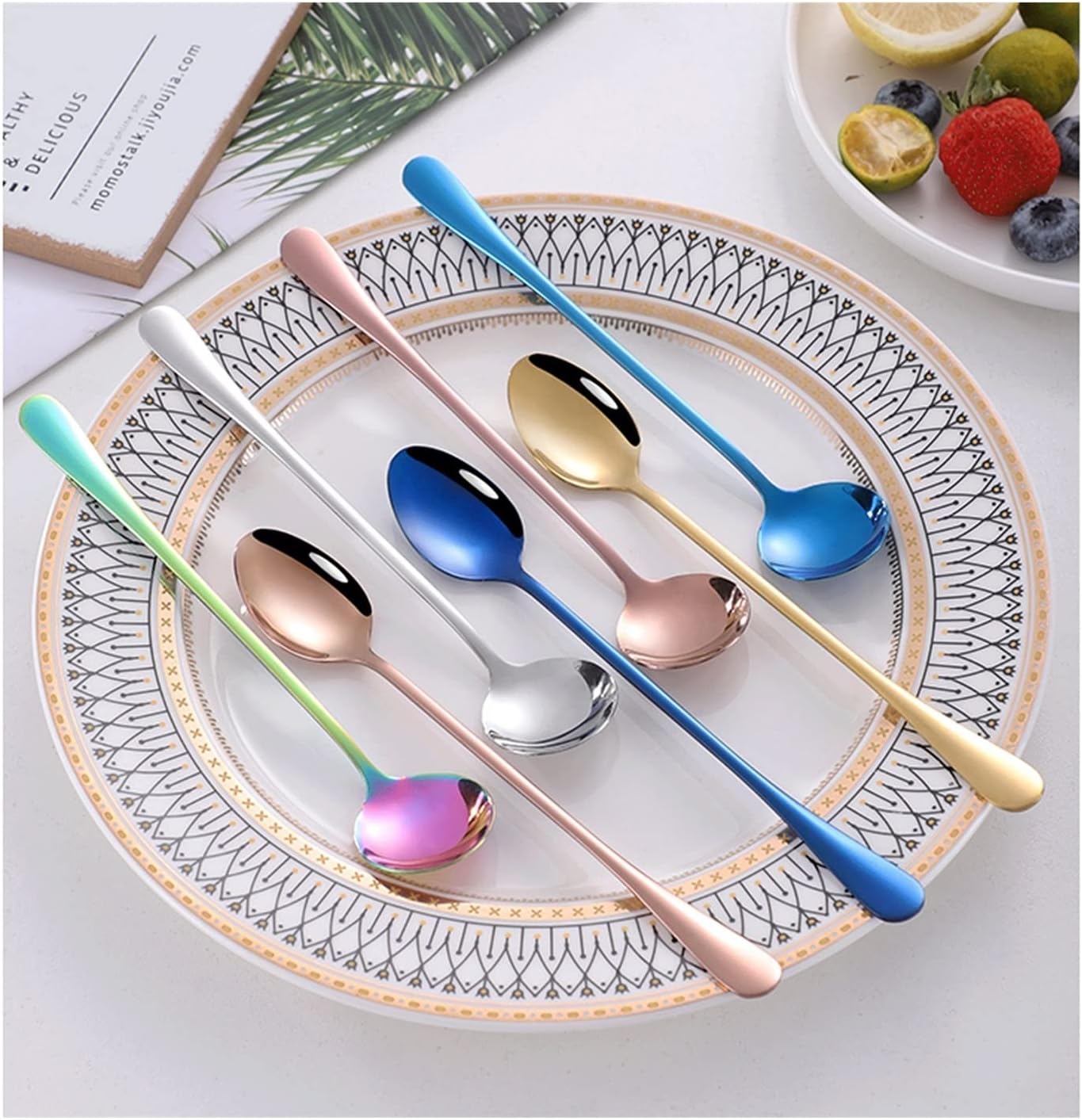 Soup Spoon Stainless Steel Long Handle Stirring Creative Thickened Ice Colorful Purple Beautiful Exquisite Kitchen Ladle(Multicolor,Pointed Spoon)