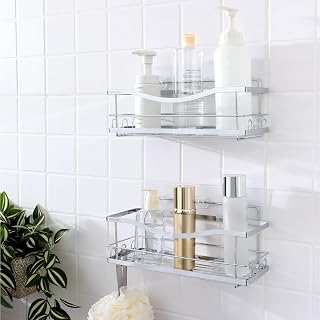 KINCMAX Rust-Resistant Iron Shower Caddies, No-Drill Adhesive Bathroom Shelves, Pack of 2 Silver Shampoo Holders for Showers & Tubs