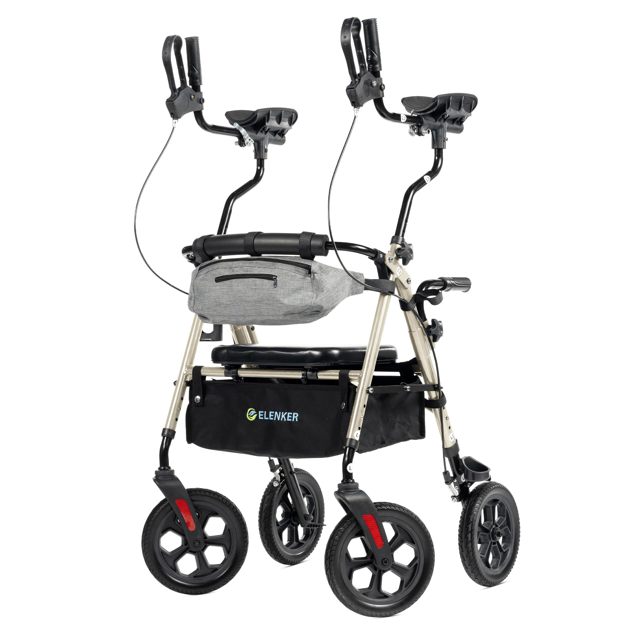 ELENKER All Terrain Upright Rollator Walker with Seat, Foldable Stand Up Walkers for Seniors with Armrest, 10 Wheels, Champagne