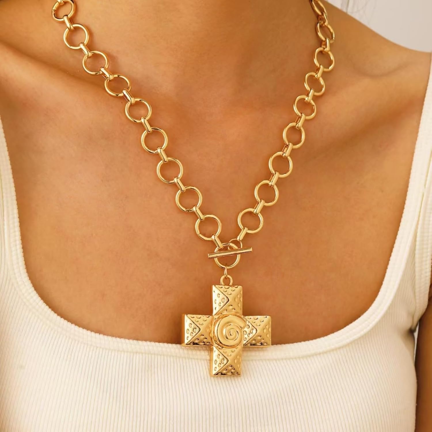 Chunky Gold Cross Necklace Earrings set for Women Gold Silver Chunky Conch Cross Jewelry sets Non Tarnish Paperclip Link Chain Statement Religious women's jewelry sets - Image 4