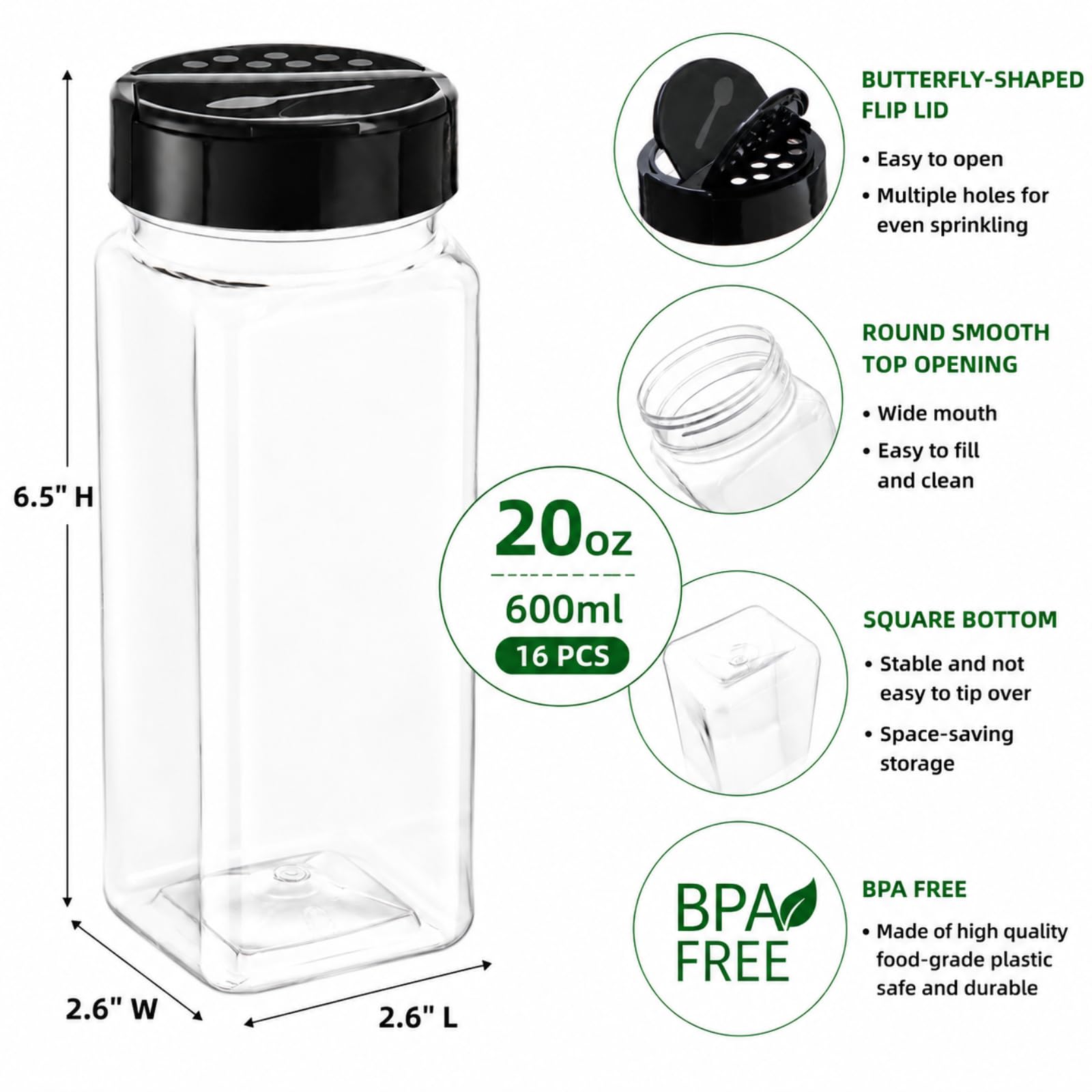 Hacaroa 16 Stück 600 ml Kunststoff Gewürzdosen mit Shaker/Pourer Deckel, quadratische leere Gewürzbehälter klare Gewürzflaschen für trockene Lebensmittel, Gewürze, Kräuter, Pulver