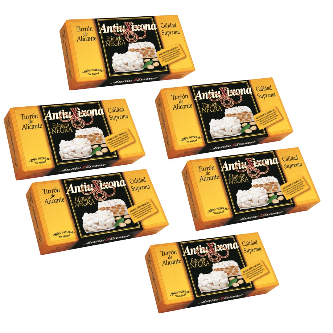 Pack de 6 Turrones Duros de Alicante Antiu Xixona Etiqueta Negra, 150g, Artesanales de Jijona