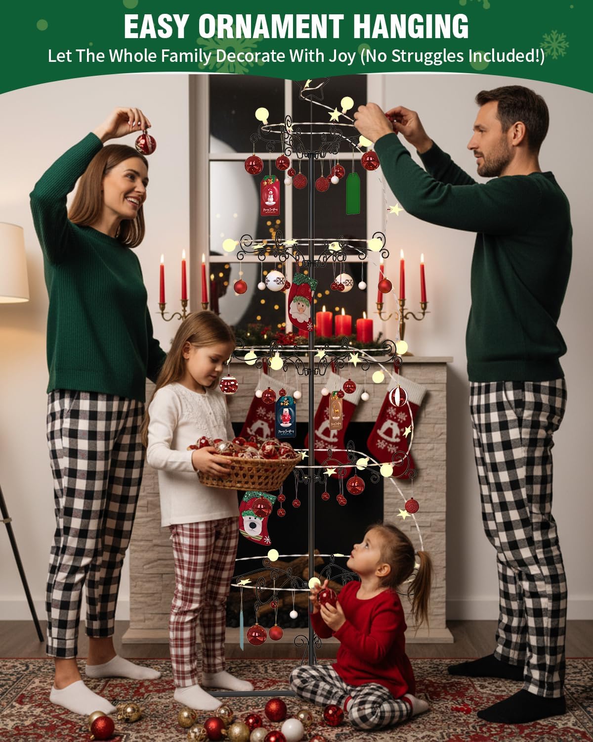 75” Metal Christmas Tree, Christmas Ornament Display Stand Tree with Hooks, Freestanding Wrought Iron Christmas Tree with 100 LED Lights, 54 Balls, 2 Mini Stockings & 6 Xmas Cards