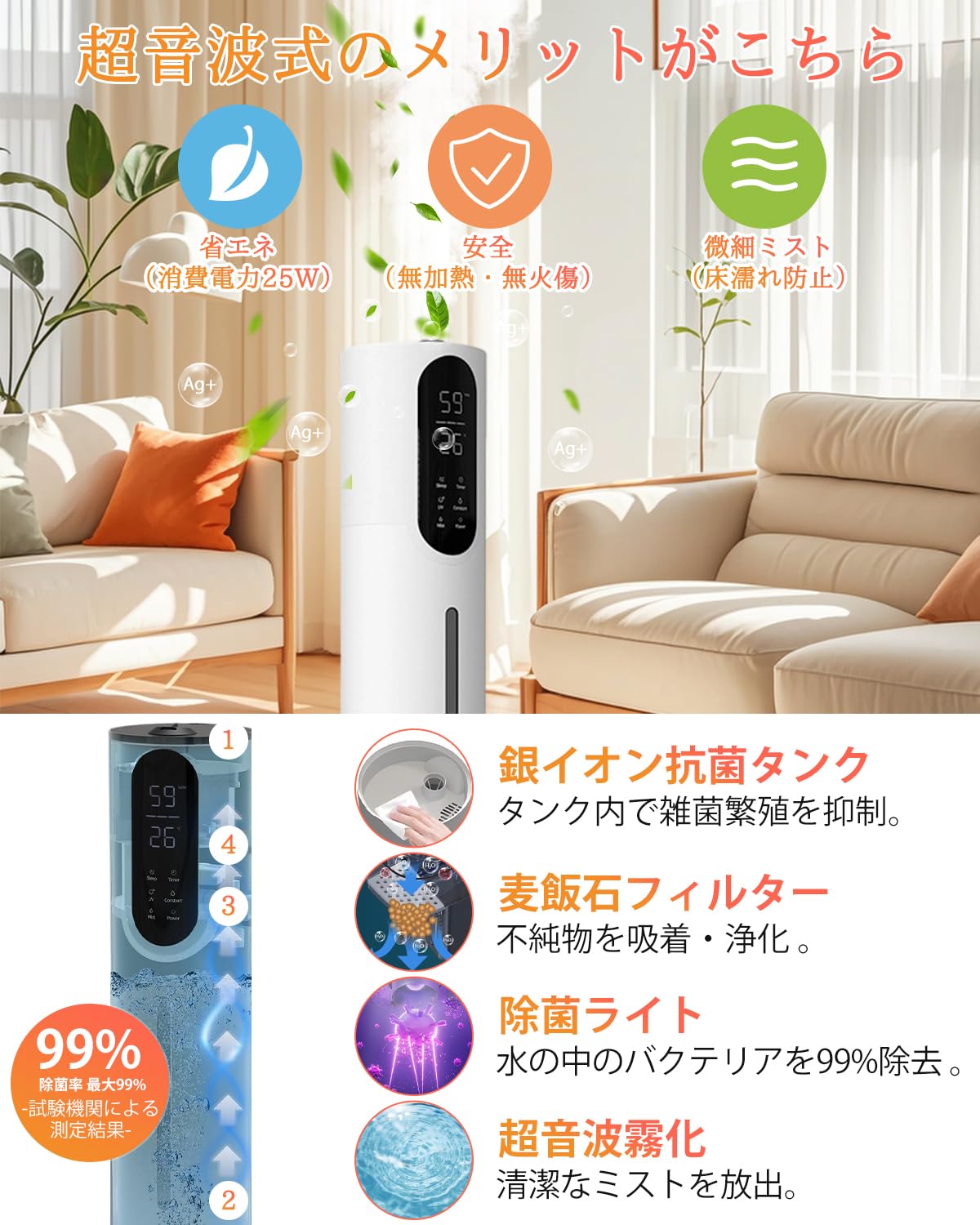 加湿器【8L・知能恒湿・アロマ対応・4重除菌浄化】超音波・銀イオン抗菌素材 Amazon.co.jp: 加湿器 8L 大容量 保湿【4重除菌净化技術 & 知能恒湿