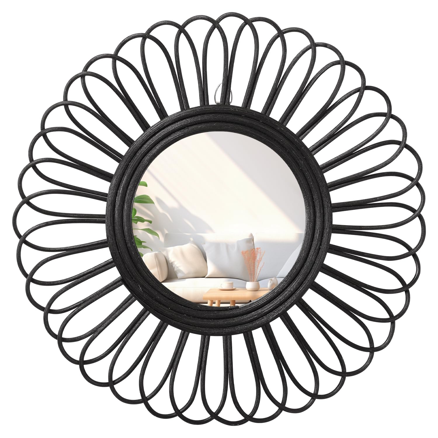 HLFMVWE Espejo de pared redondo, espejo de pared circular de ratán negro, decoración bohemia de madera, espejos de maquillaje para sala de estar, oficina, baño, pasillo, grande, 50 x 50 cm