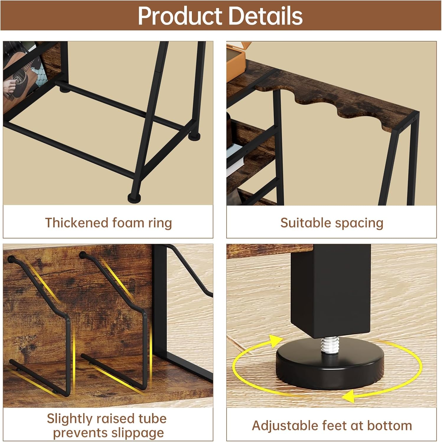 Hosfais Record Player Stand, 3 Tier Guitar Stand for Acoustic, Electric Guitar, Bass Stand, Vinyl Record Storage Up to 200 Albums, Brown Records Shelf for Living Room Bedroom (Rustic Brown)