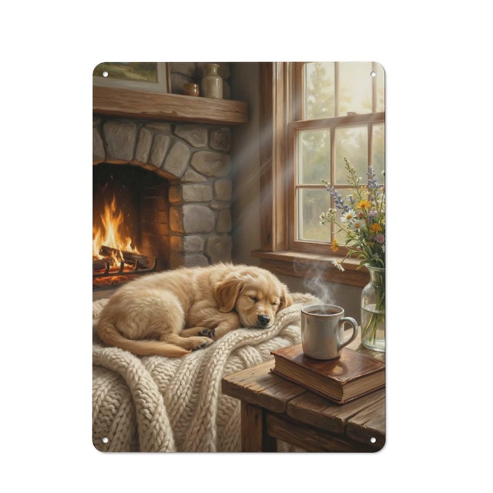 Junmoney Style-21 Cozy Fireplace Scene With Sleeping Dog Rustic Metal Plaque 40X30cm For Living Room Wall, Suited To Home Wall Decor Collectors