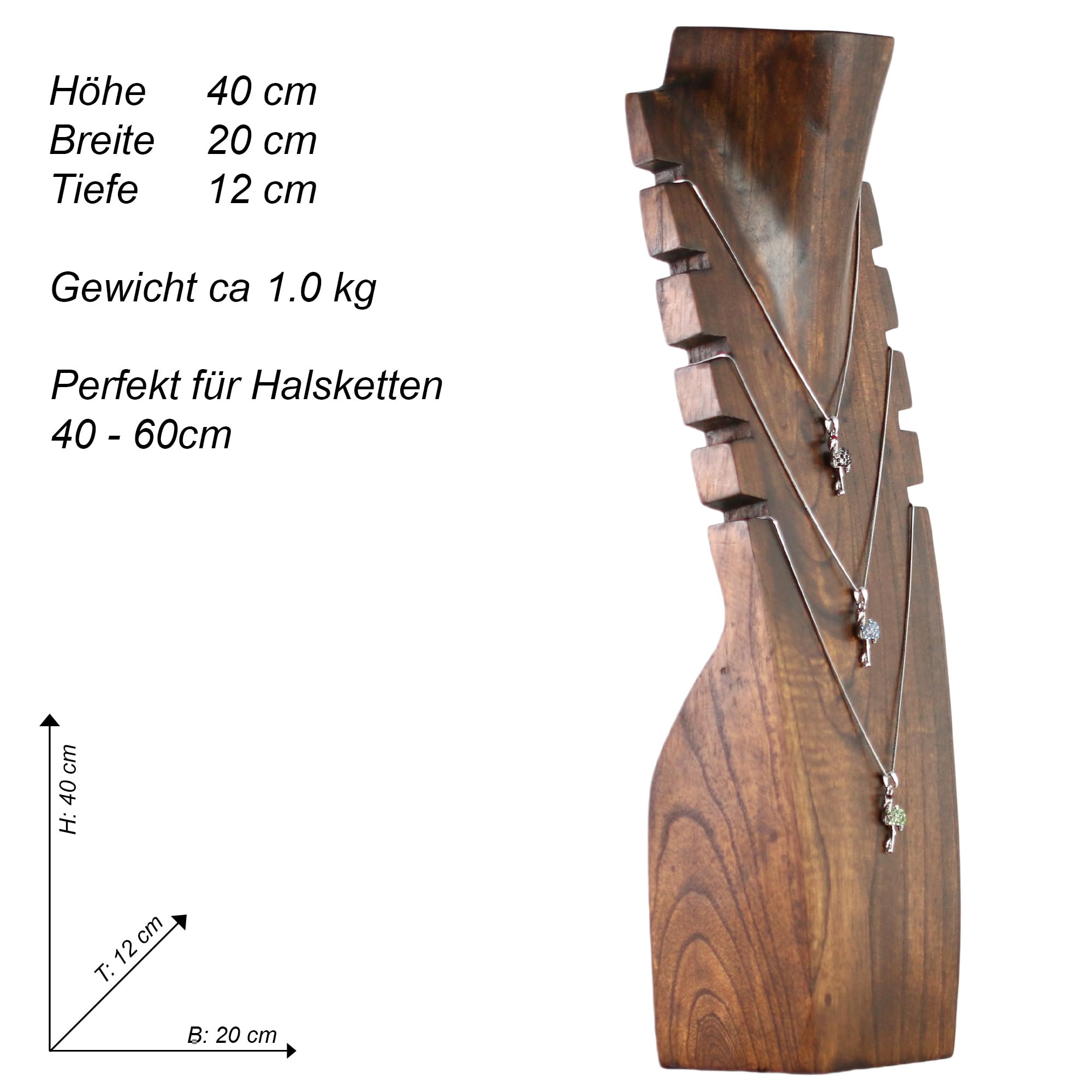 Handgefertigte Schmuckbüste aus Holz 40 cm – Kettenständer & Kettendisplay für mehrere Halsketten – Massiv, stabil– Ideal für Messe, Laden, Schaufenster & Zuhause (Braun)