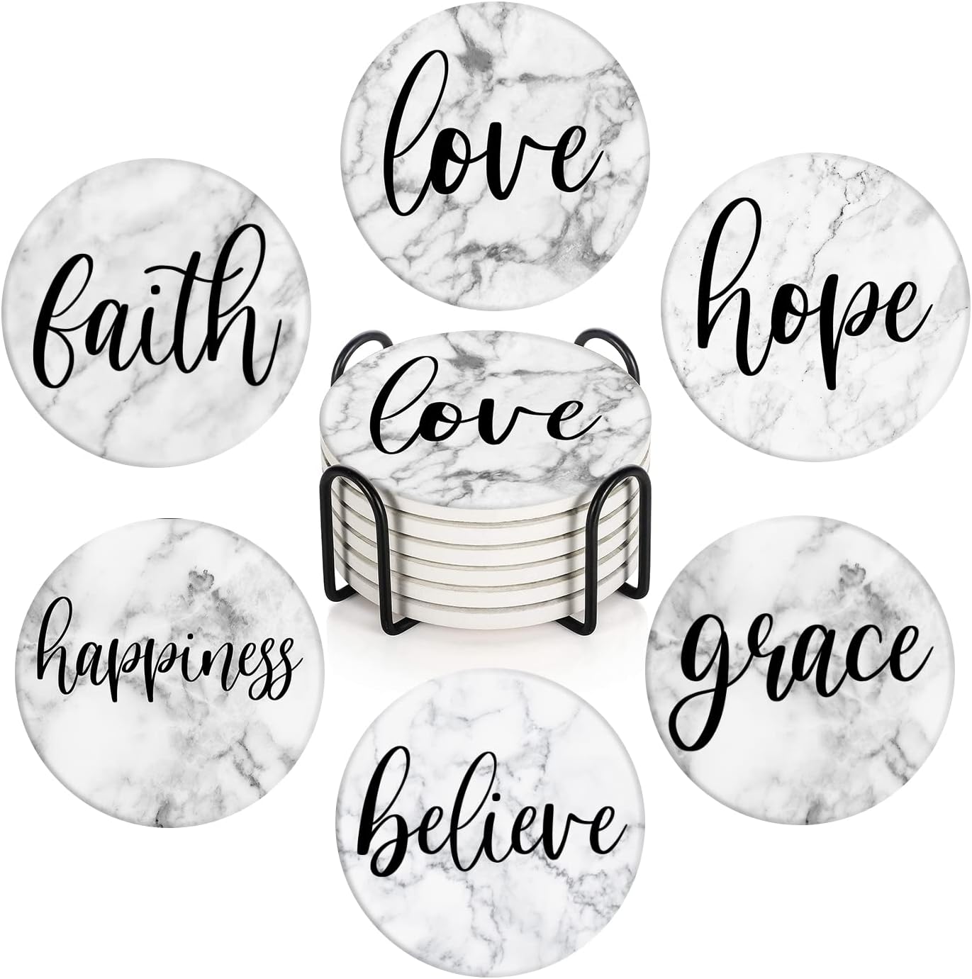 Britimes Coaster for Drinks Set of 6, White Marble Inspirational Love Absorbent Round Ceramic Stone Mat, with Cork Base and Metal Holder, Gift for Housewarming Room Bar Decor