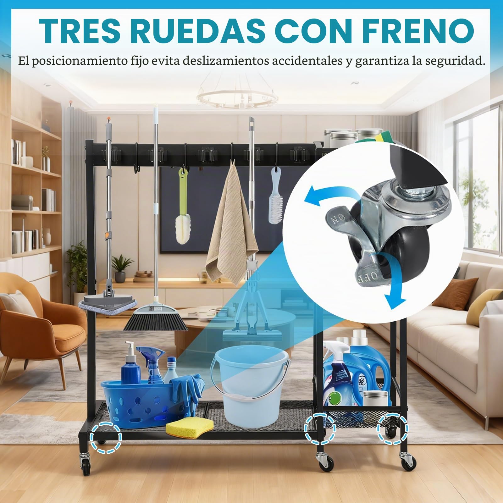 Carro de limpieza 85 × 62 × 30 cm – Carro de limpieza móvil con soporte para fregona y soporte para escobas, 6 ruedas con 3 frenos, 6 soportes para herramientas y 2 ganchos dobles, 3 estantes – Hogar