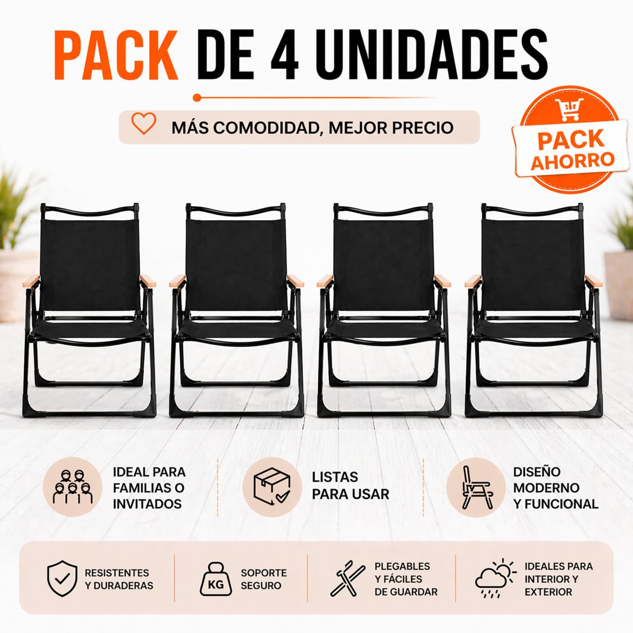 TIENDA EURASIA – Silla Plegable Camping | Pack 4 Uds | 47x53x76 cm | Estructura Metálica | Tejido Oxford Resistente | Portátil y Ligera | Reposabrazos de Madera | Ideal para Camping y Exterior (Negro)