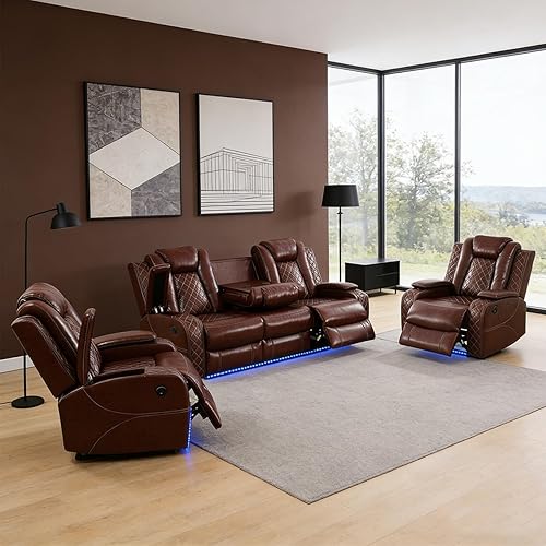 Miniatura 46 de Juego de sofá reclinable eléctrico para sala de estar, juego de sofá reclinable de cuero con luces LED, puertos USB, almacenamiento oculto, juego de