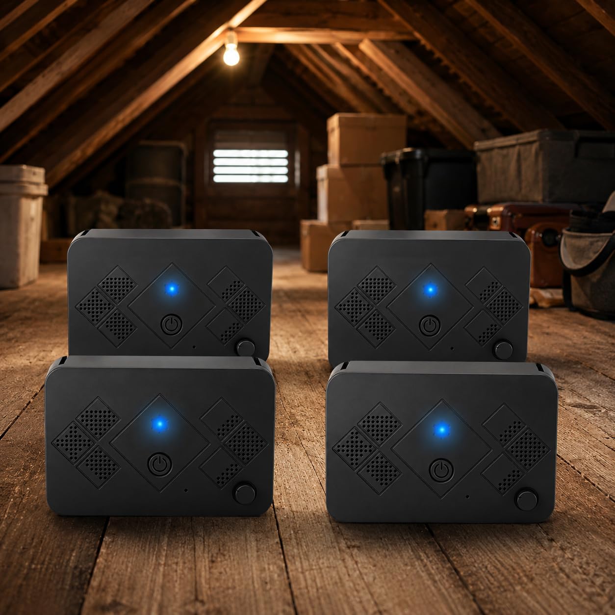 Bat Repellent 4 Pack, Ultrasonic Bat Deterrent with 6 Adjustable Levels, Dual Speakers, Rechargeable Bat Repeller for Attic Garage Barn Indoor Spaces