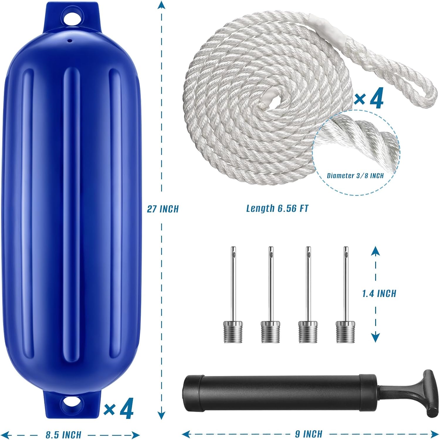8.5 x 27 Inches Twin Eyes Ribbed Boat Fenders 4 Pack Boat Fenders Bumpers with Lines and Pump to Inflate for Docking