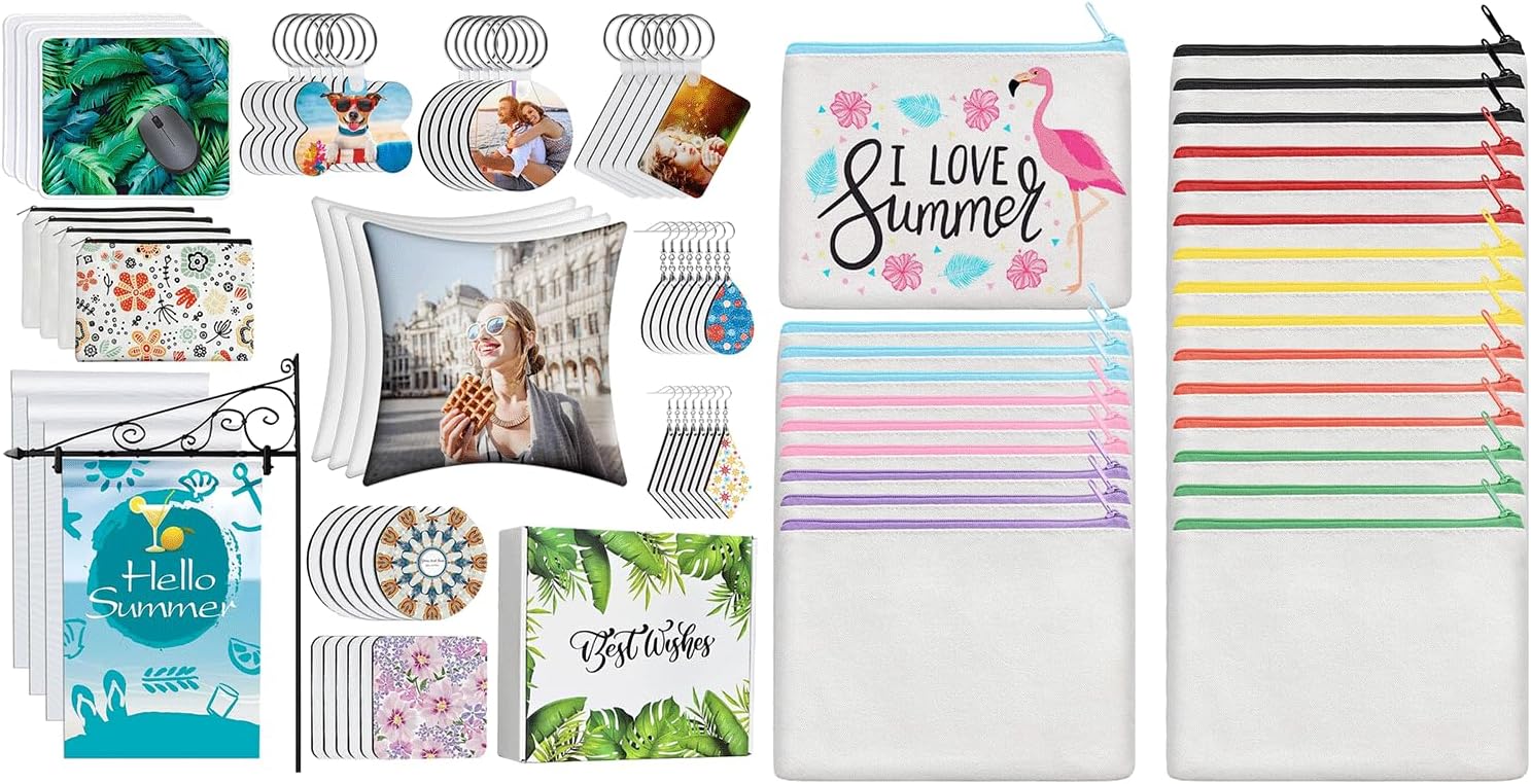 AMDAILY 114Pcs Sublimation Blanks Products and 24 Pcs Sublimation Blank Canvas Makeup Bags w/Colorful Zipper
