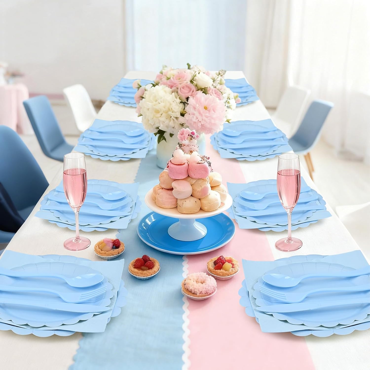 100 Pack Pre Rolled Blue Plastic Cutlery Set with Paper Napkins, Blue Pre Rolled Silverware Set Disposable for Wedding, Party, and Event, Pre Wrapped Plastic Utensils with Napkins for Baby Shower