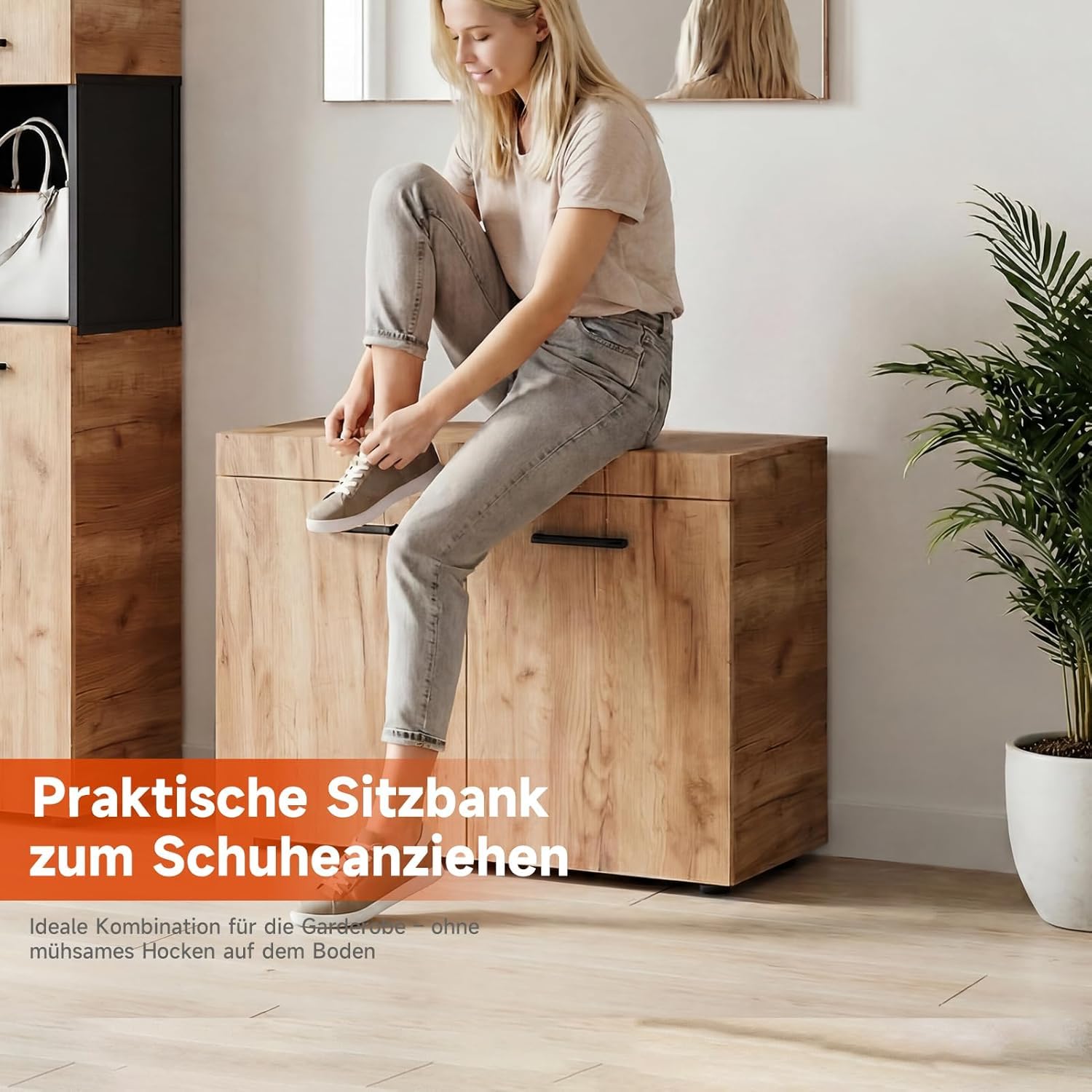 HAUSPROFI 5-teiliges Garderobenset, Flurgarderobe mit Spiegel, Doppeltür-Schuhschrank, Langer Schuhbank, Kleiderschrank und Stauraumschränken, Holzoptik, für Flur und Bad