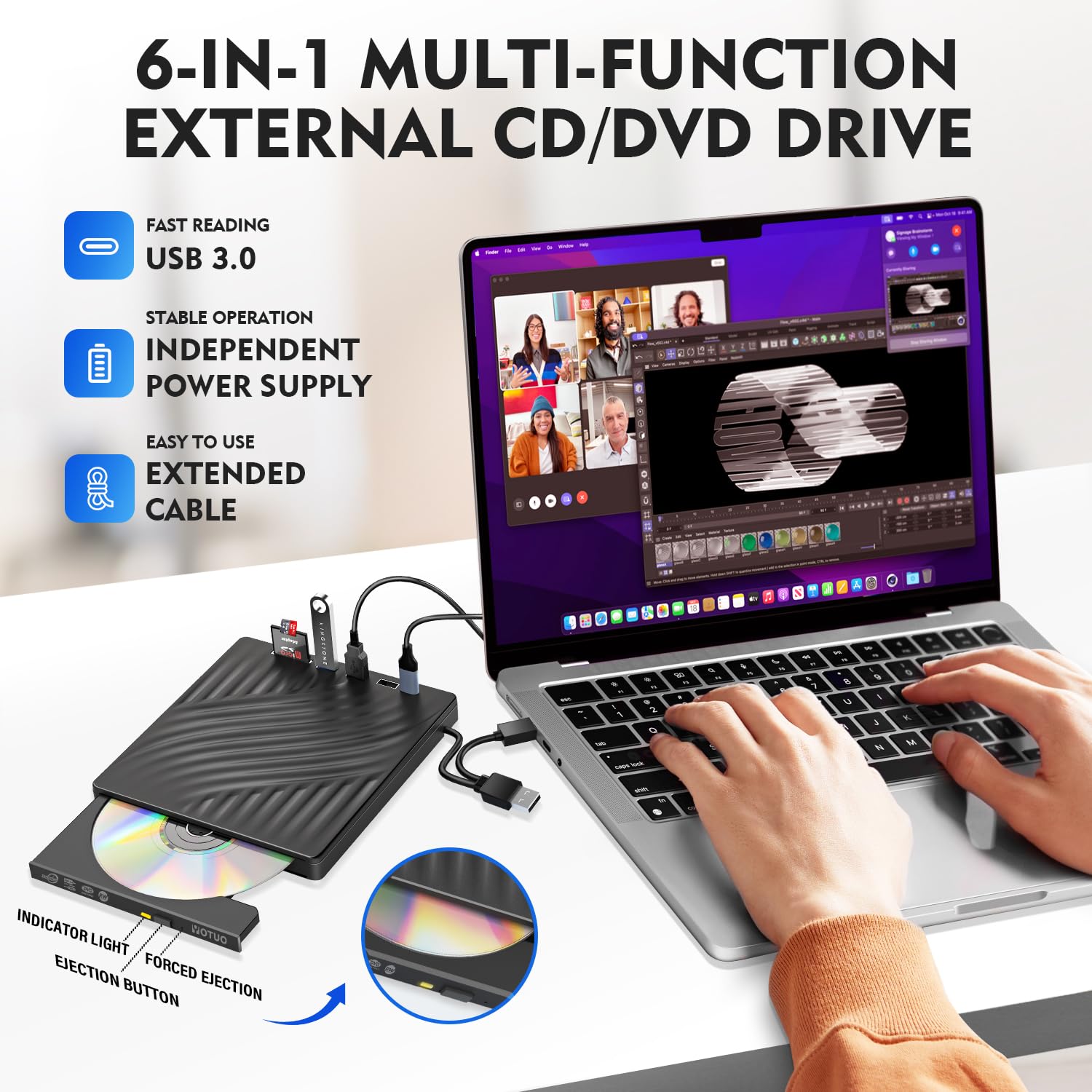 YOTUO Unidad externa multifunción de CD/DVD 3 en 1 Hub y lector de tarjetas SD, reproductor de DVD, interfaz dual USB-C/USB 3.2 portátil para laptop, escritorio, con Windows 7/8/10/11, Mac MacBook Pro