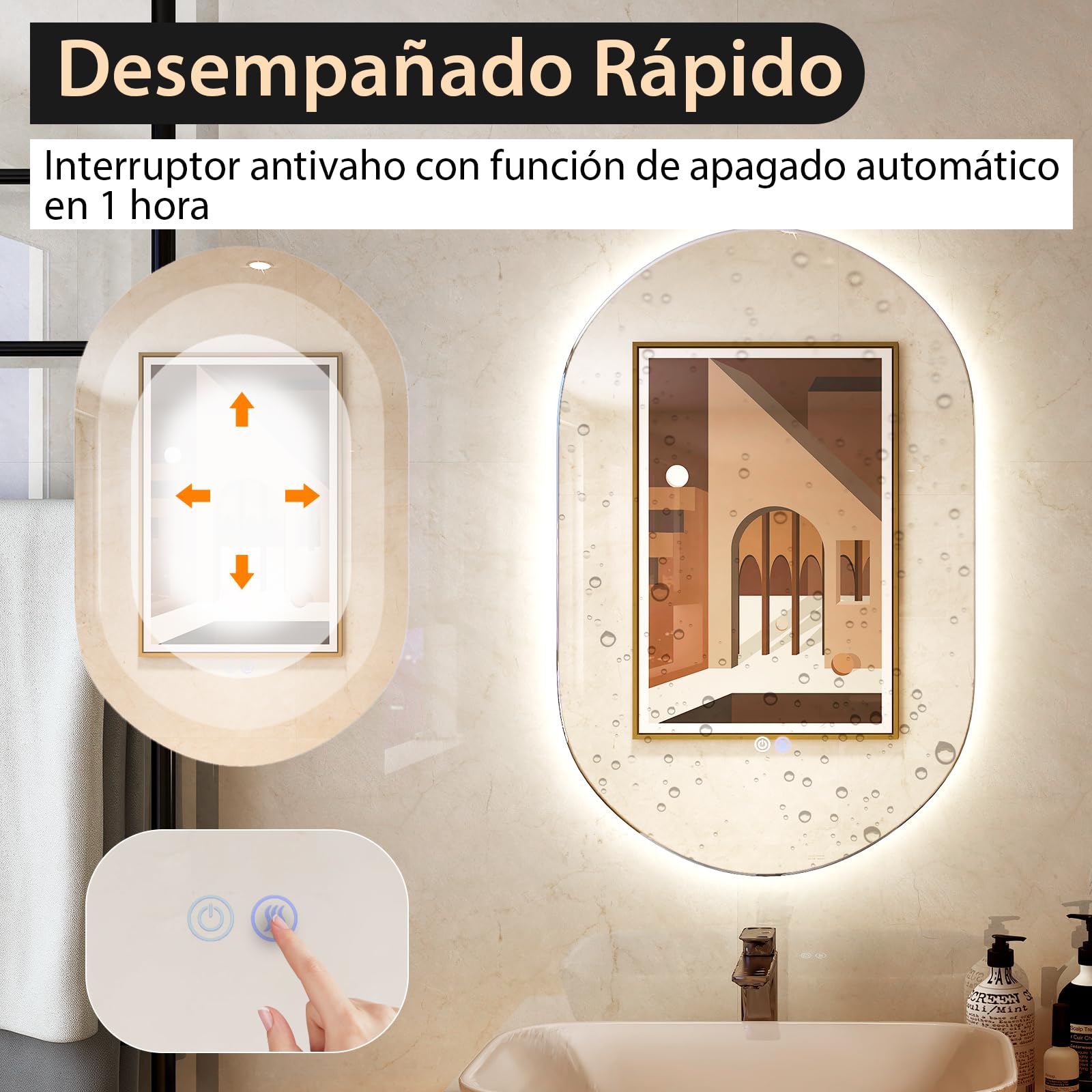COSTWAY Espejo de Pared LED Ovalado de 80 cm x 50 cm, Retroiluminado y Ajustable en Intensidad, Espejo con 3 Luces de Color e Botón Táctil Inteligente, Antiniebla y a Prueba de Explosiones