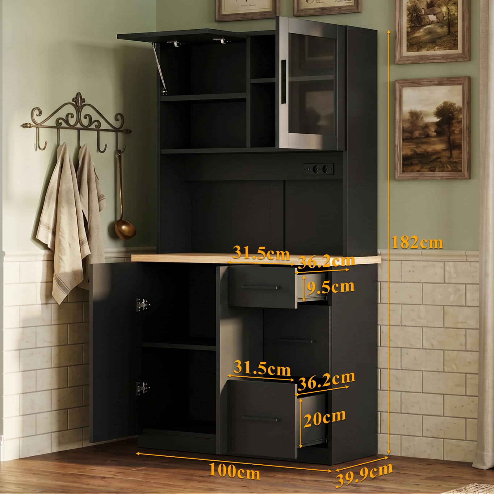 JUMMICO Buffetschrank, 100 x 40 x 182(H) cm, Küchenschrank mit 2 Steckdosen und LED Streifen 3000K, Küchenbuffet mit verstellbaren Einlegeboden und Arbeitsplatte 24 mm, Schwarz