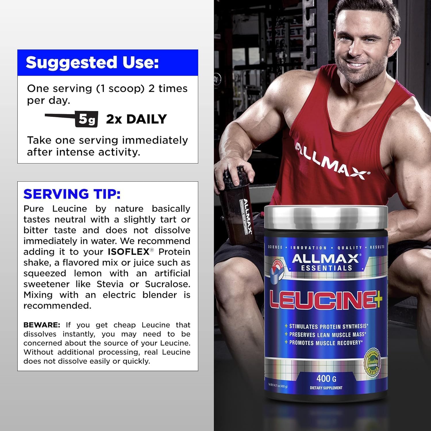 ALLMAX LEUCINE - 400 g - Stimulates Protein Synthesis, Preserves Lean Muscle & Promotes Recovery - 80 Servings