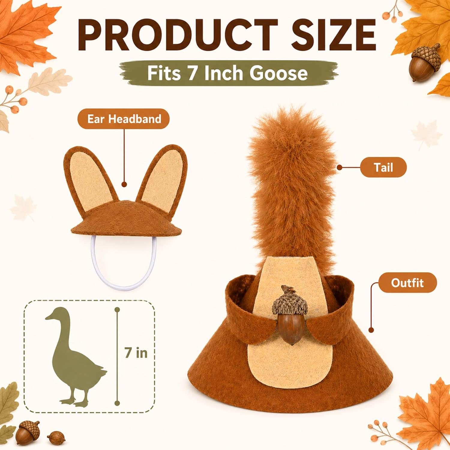 JcHrmers Squirrel Desk Goose Outfit 7 Inch Mini Desktop Goose Clothes Accessories with Pinecone for 7'' Goose Statue Key Holder Table Autumn Decor