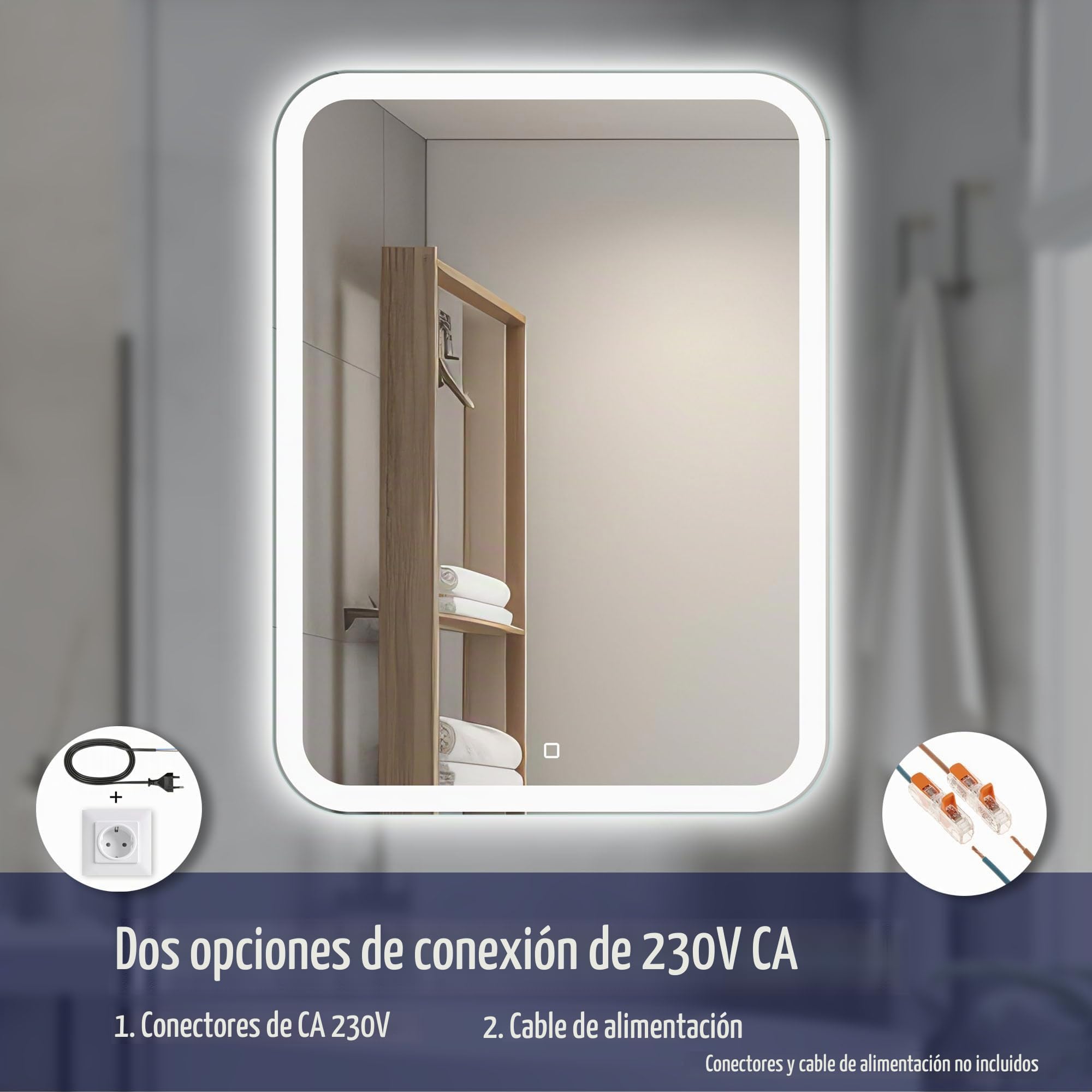 Espejo Baño LED 50 × 70 cm, Iluminación Frontal | Espejo Baño LED, Espejo Baño con Luz, Interruptor Táctil, Regulable, Luz Blanca Neutra