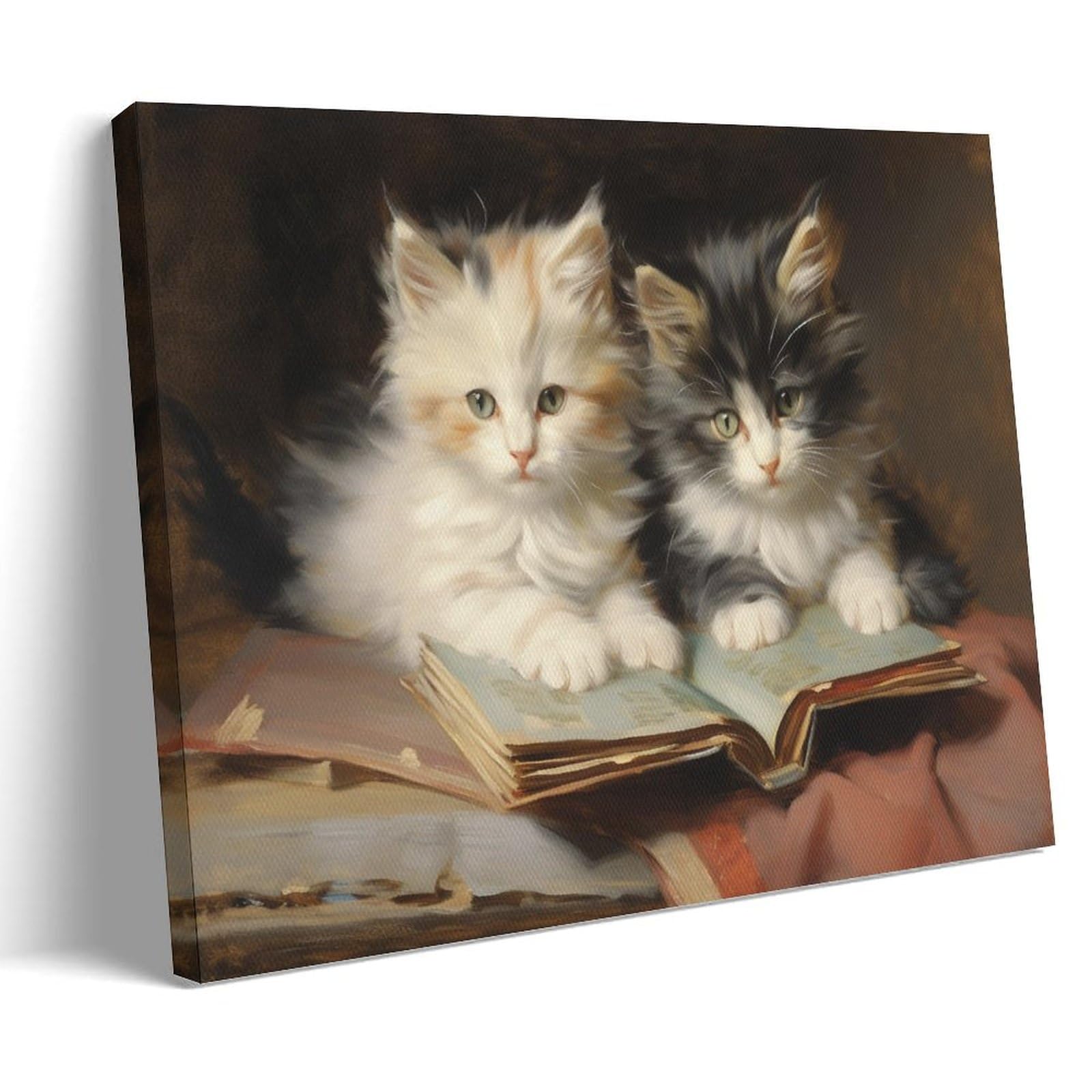 AYAROS Cat And Book Wall Art Prints Vintage Animal Cute Kitten Pictures on Canvas Poster Wall Decor for Bedroom Home Decorations 08x12inch(20x30cm) Framed 08x12 inch