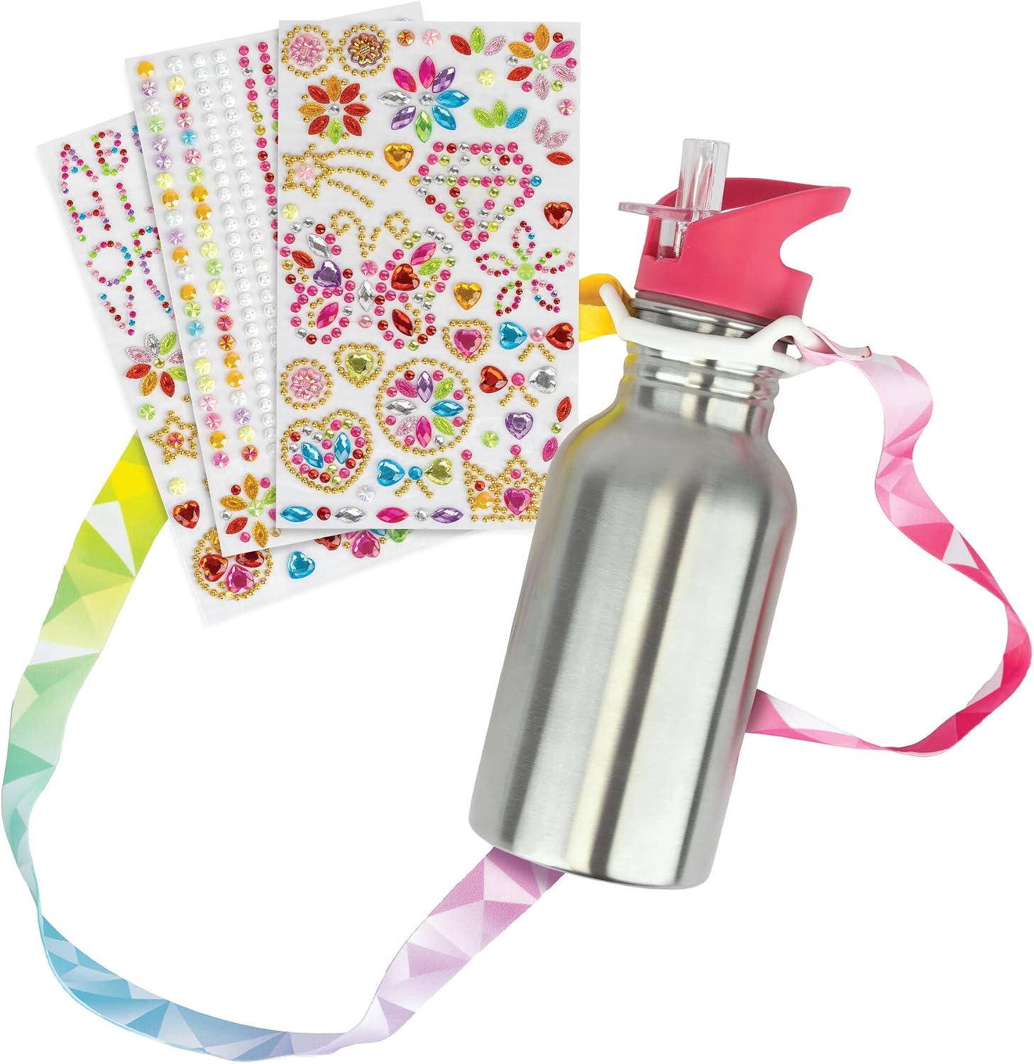 MindWare Cute & Custom Gem Water Bottle Decorating Kit, DIY Craft Activity with Stainless Steel Bottle and Gem Stickers, Creative Personalization Toy for Kids Ages 5 and Up, Arts and Crafts Gift
