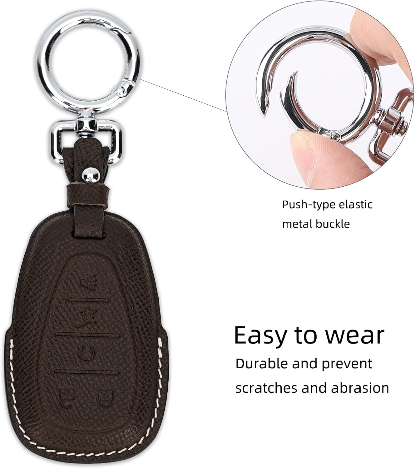 Leather Key Fob Cover Compatible with Chevy Equinox Malibu Camaro Cruze Blazer Traverse Tahoe Silverado (5 Buttons) (Dark Brown)